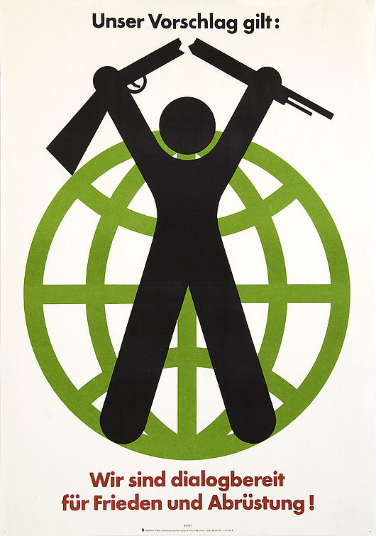 Plakat »Unser Vorschlag gilt: Wir sind dialogbereit«, 1988 Gestalter: Gerhard Voigt, für die VAA-Redaktion (Verlag für Agitation und Anschauungsmittel) Repro: Hochschularchiv Burg Giebichenstein Kunsthochschule Halle 57x81cm 